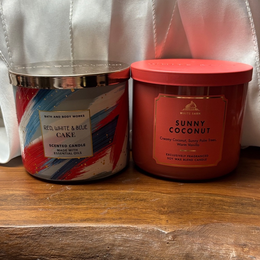 Bath & Body Works Red, White, & Blue Cake and Sunny Coconut 3-wick Candles